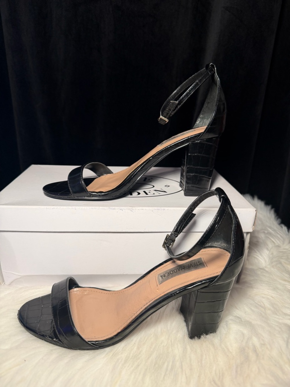 Steve Madden Black Croc-Embossed Ankle Strap Block Heel Sandals - Picture 5 of 11
